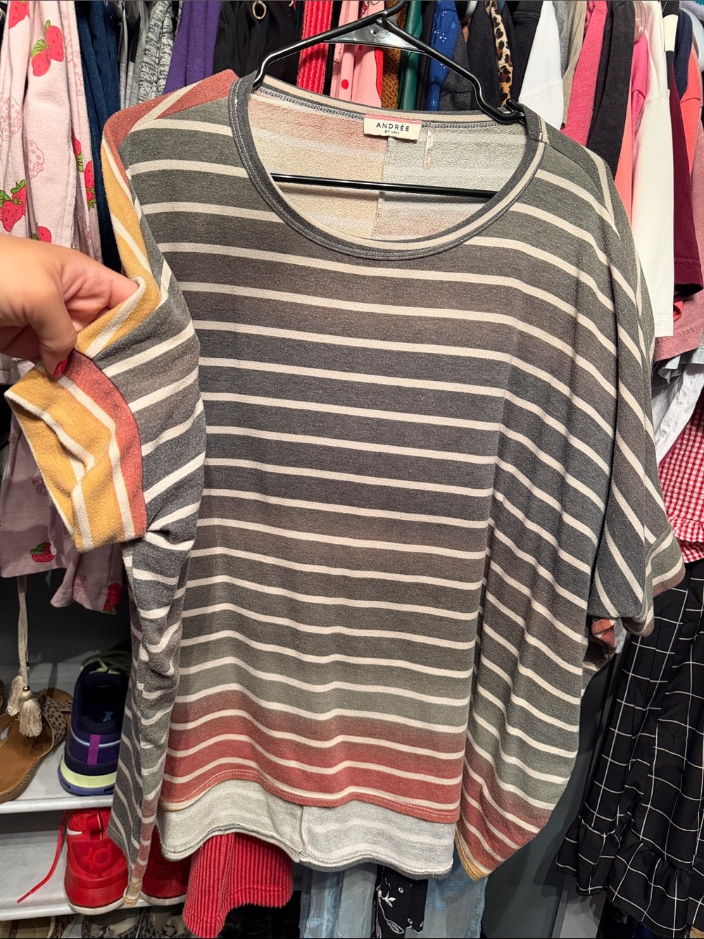 Andree Gray Striped Boatneck Top with Muted Rainbow Accents-oversized